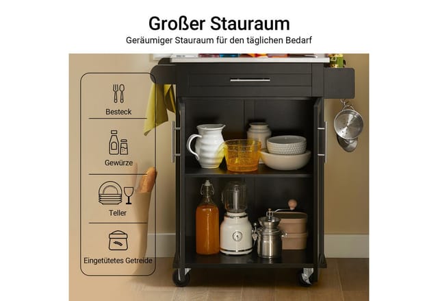 SoBuy Servierwagen Küchenwagen mit Türen und Schublade 80×90×46cm Schwarz FKW110‑SCH