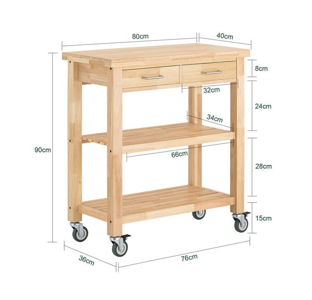 SoBuy Servierwagen mit 2 Ablagen Küchenwagen Küchenregal Kautschukholz 80x90x40cm Natur FKW24-N