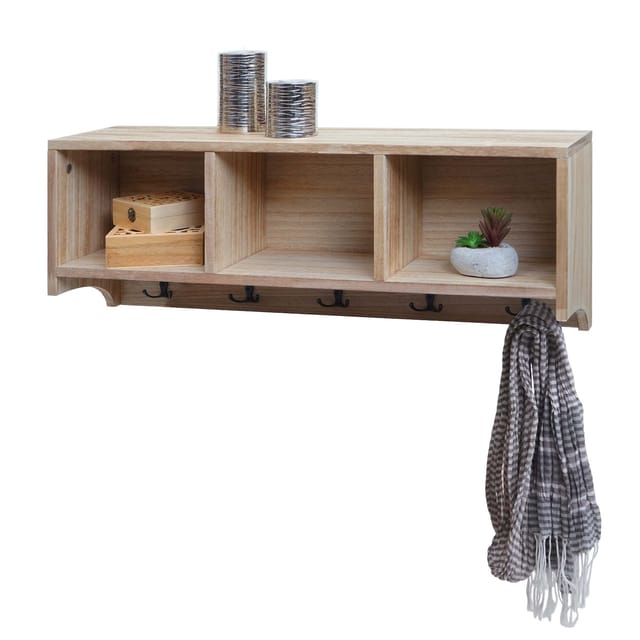 MCW Wandregal K49 Garderobe Wandgarderobe Regal 3 Staufächer 5 Haken 30x80x20cm Holz Naturbraun