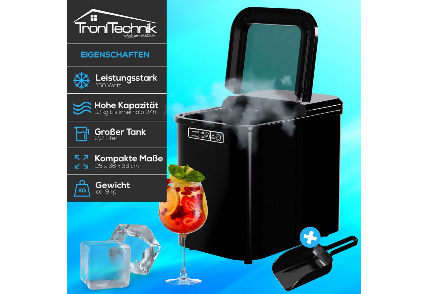 TroniTechnik Eiswürfelmaschine Ice Maker Eiswürfelbereiter Schwarz Kunststoff Bild 2