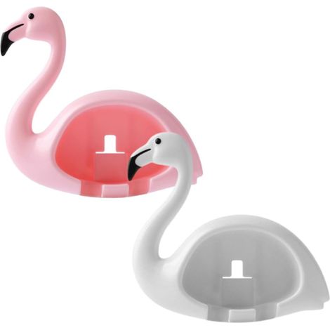 Wandmontierter Zahnbürstenhalter, 2er-set, Abs-kunststoff, Flamingo-design, Kleberückseite, Kein Bohren Erforderlich, Badezimmer-organizer, Hygienische Aufbewahrung Für Zahnbürsten