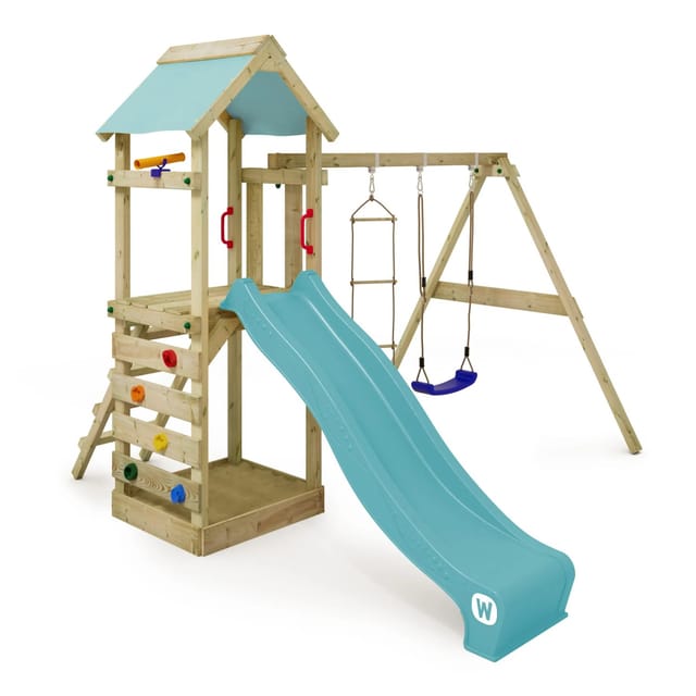 Wickey Spielturm FreeFlyer Klettergerüst mit Rutsche Pastellblau