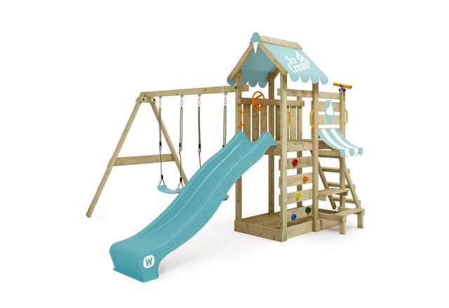 Wickey Spielturm VanillaFlyer Klettergerüst mit Rutsche Pastellblau
