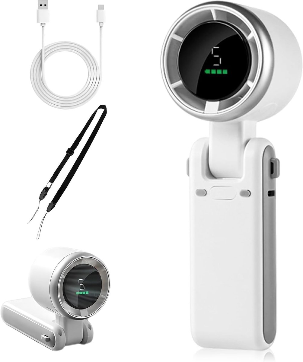 Ventilateur Main/cou Usb Rechargeable - Pliable - 5 Vitesses - Affichage - Blanc