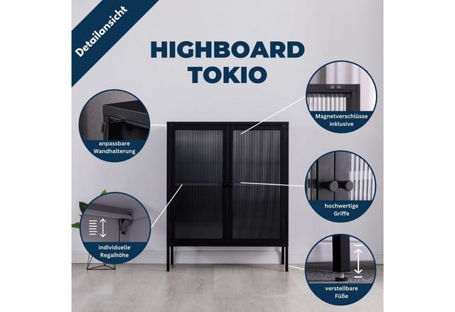 Coemo Highboard Tokio 90x35x110cm aus Metall mit Glastüren