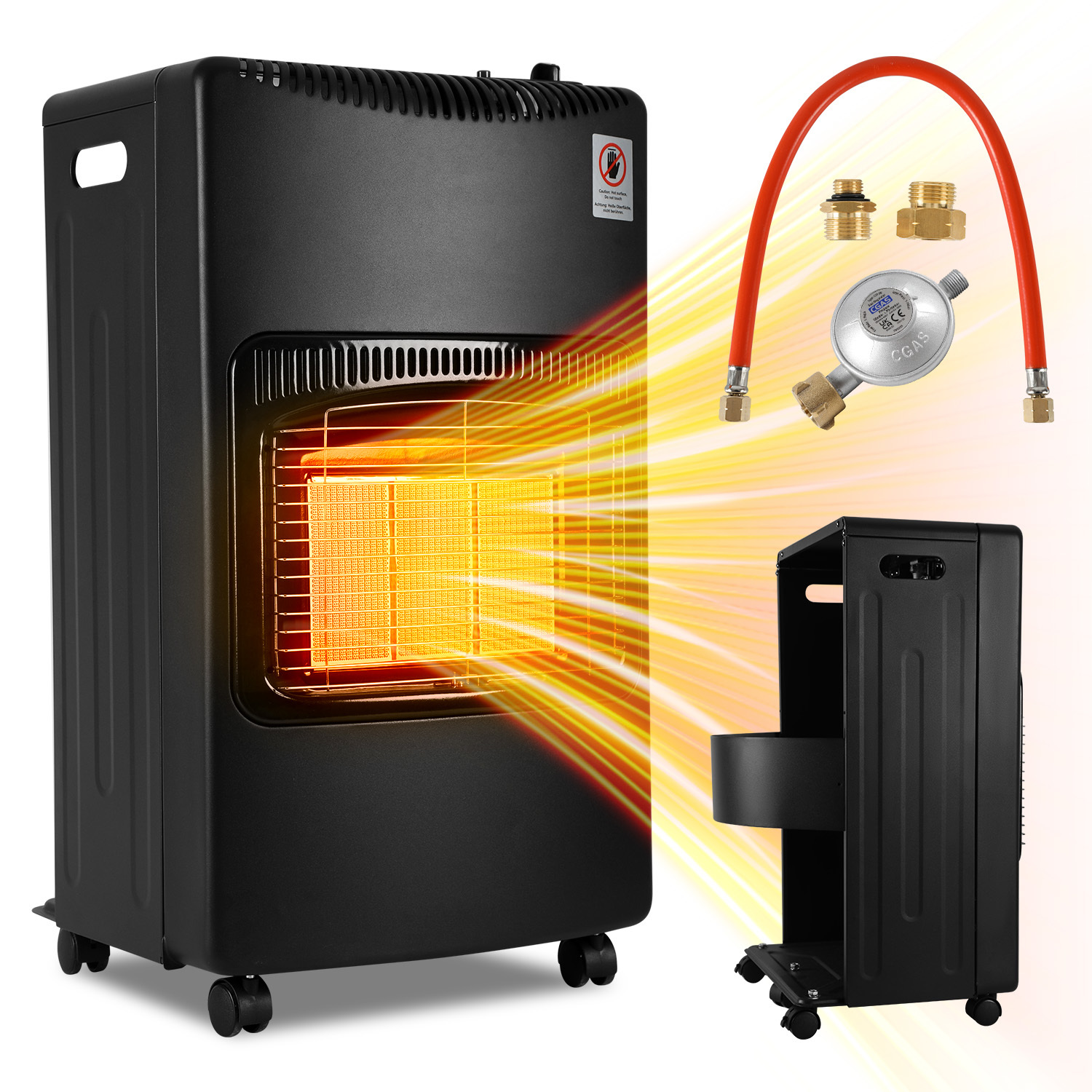Randaco Gasheizer 4200w Keramik, 3 Heizstufen, Ods & Kippschutz, Inkl. Druckregler Und Schlauch, 4 Rollen, Inkl. 2 Eu-adaptern