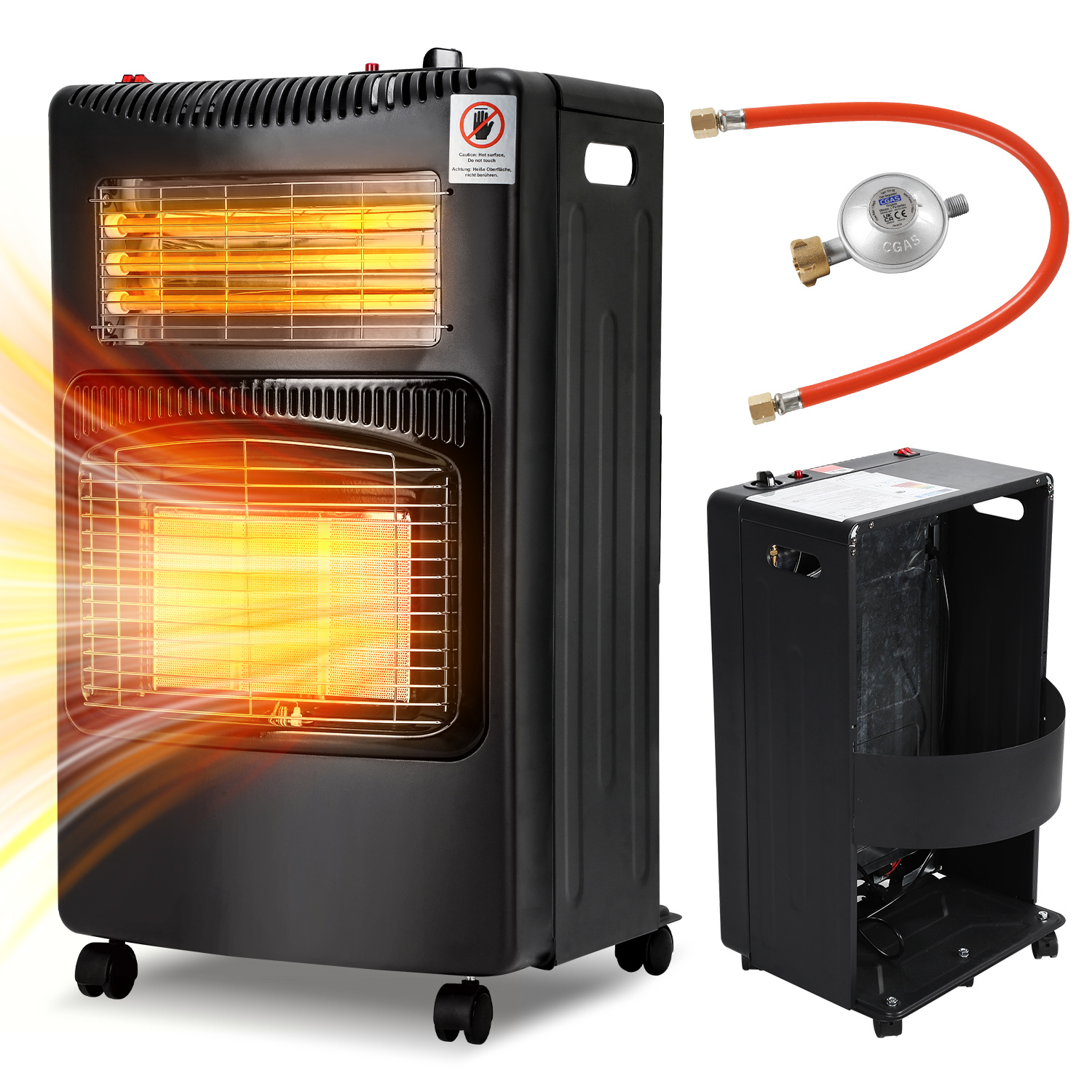 Randaco Gasofen Elektro Kombi 4200/1200 Watt, Piezozündung, Kippschutz, Ods, 4 Lenkrollen, Schwarz, Inkl. 2 Eu-adaptern