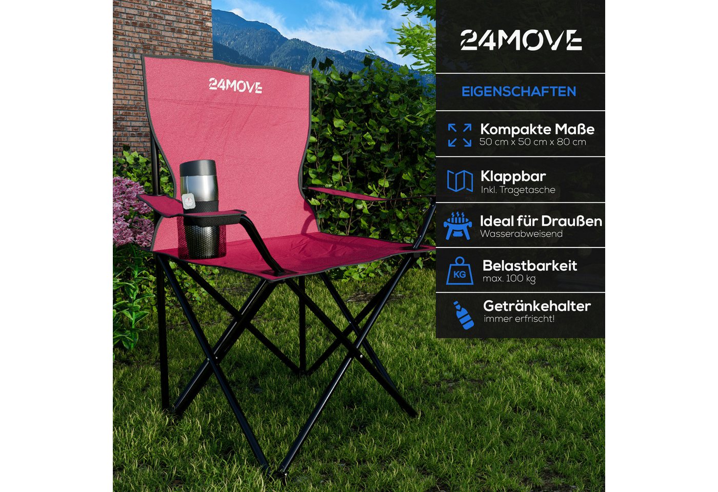 24Move Campingstuhl Faltstuhl Rot Getraenkehalter Tragetasche Outdoor Faltbar 100Kg Klappstuhl