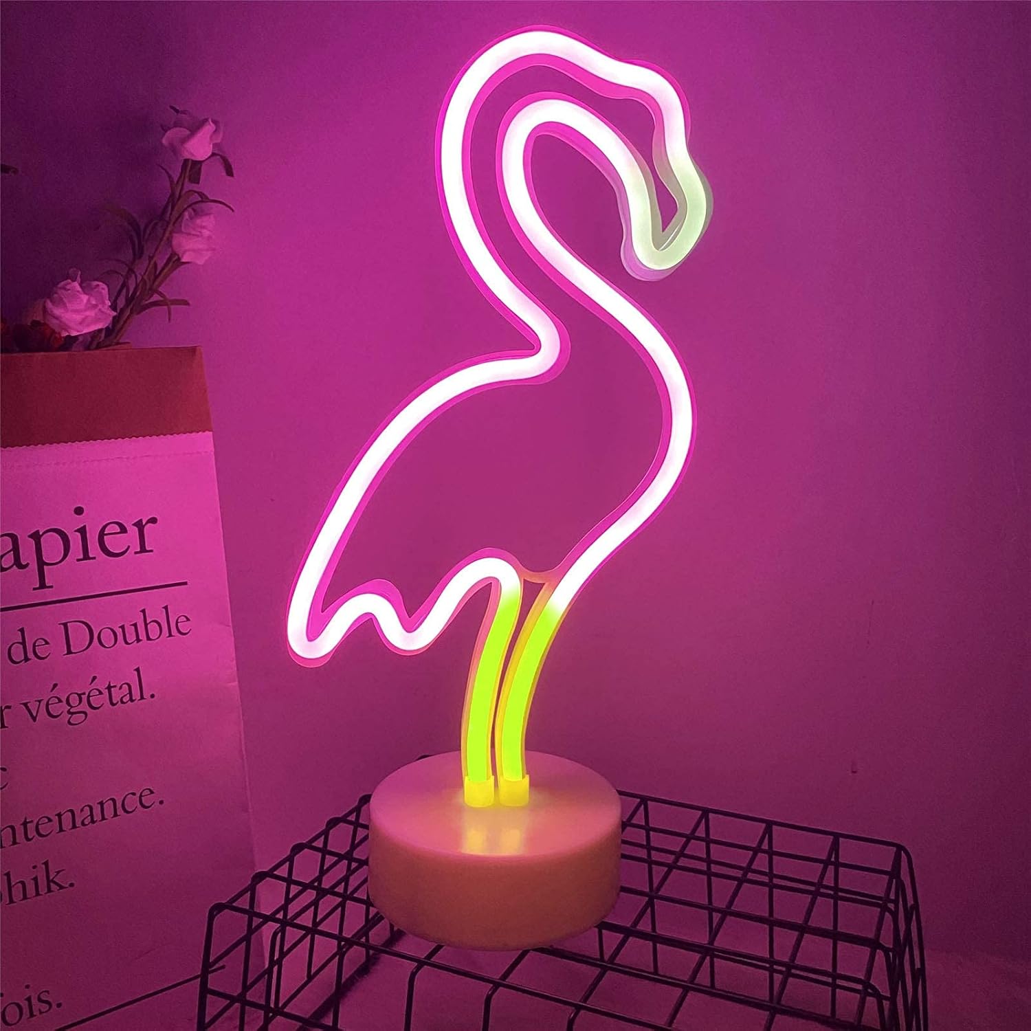 Neon-leuchtschild Mit Led-sockel Zur Wanddekoration, Usb- Oder Batteriebetrieben, Pink + Gelb + Weiß – Flamingo