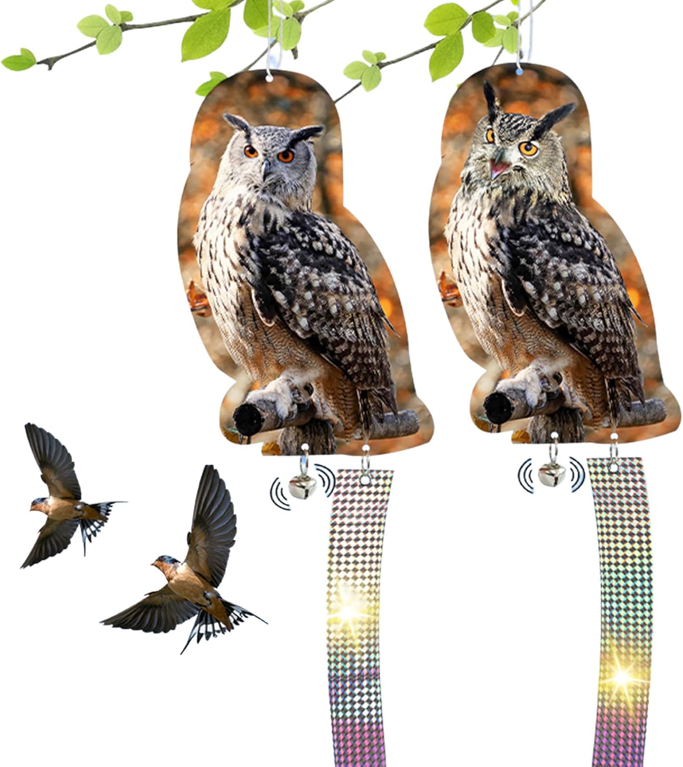 Eulen-vogelscheuche, 2-teiliges Set Stehender Eulenattrappen, Taubenabwehr, Mit Glocke Und Reflektorstreifen Für Den Balkon
