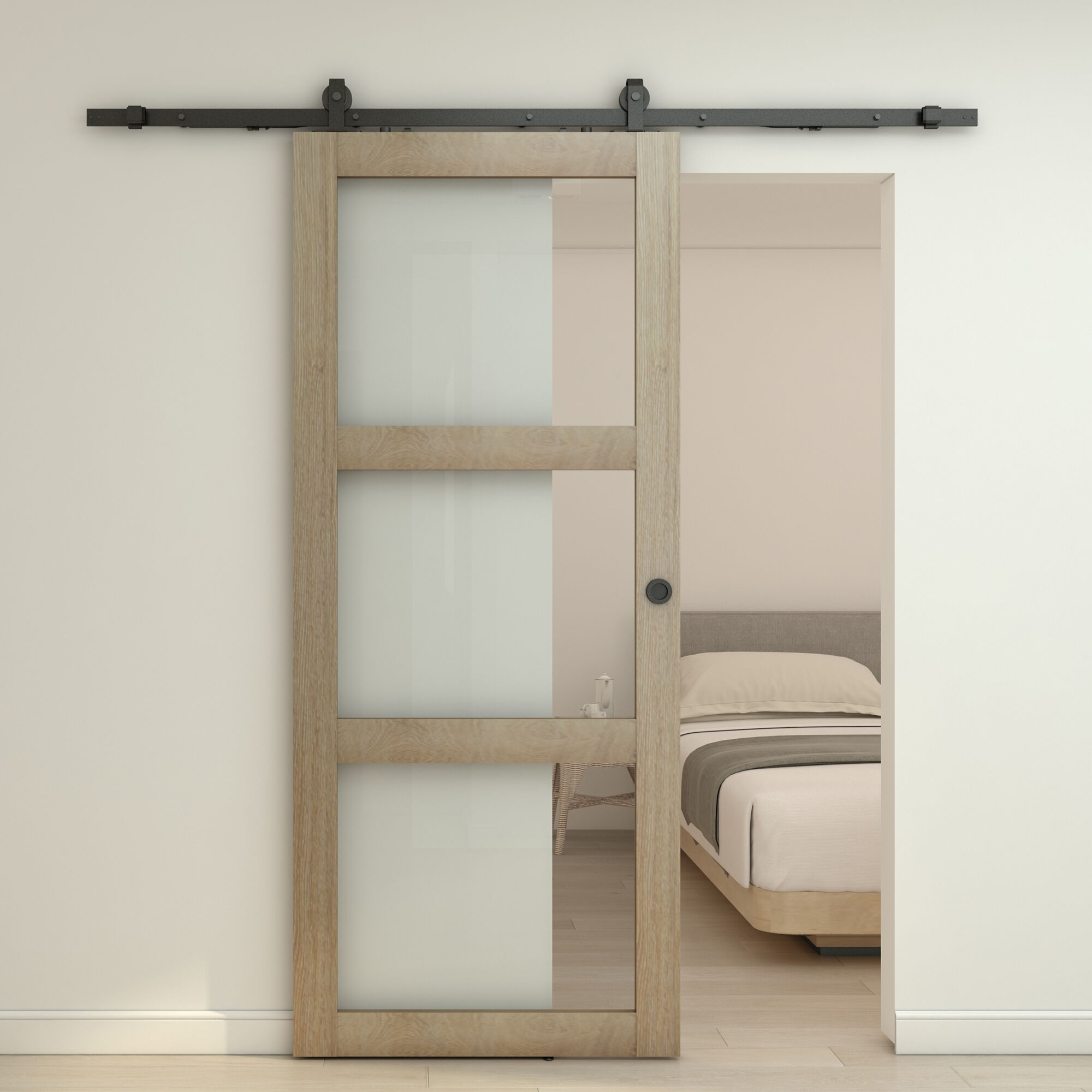 Holzschiebetür Komplettset 1025x2150 Eiche Landhausstil Mit Glaseinsatz Und Schwarzem Beschlag Inkl. Softclose