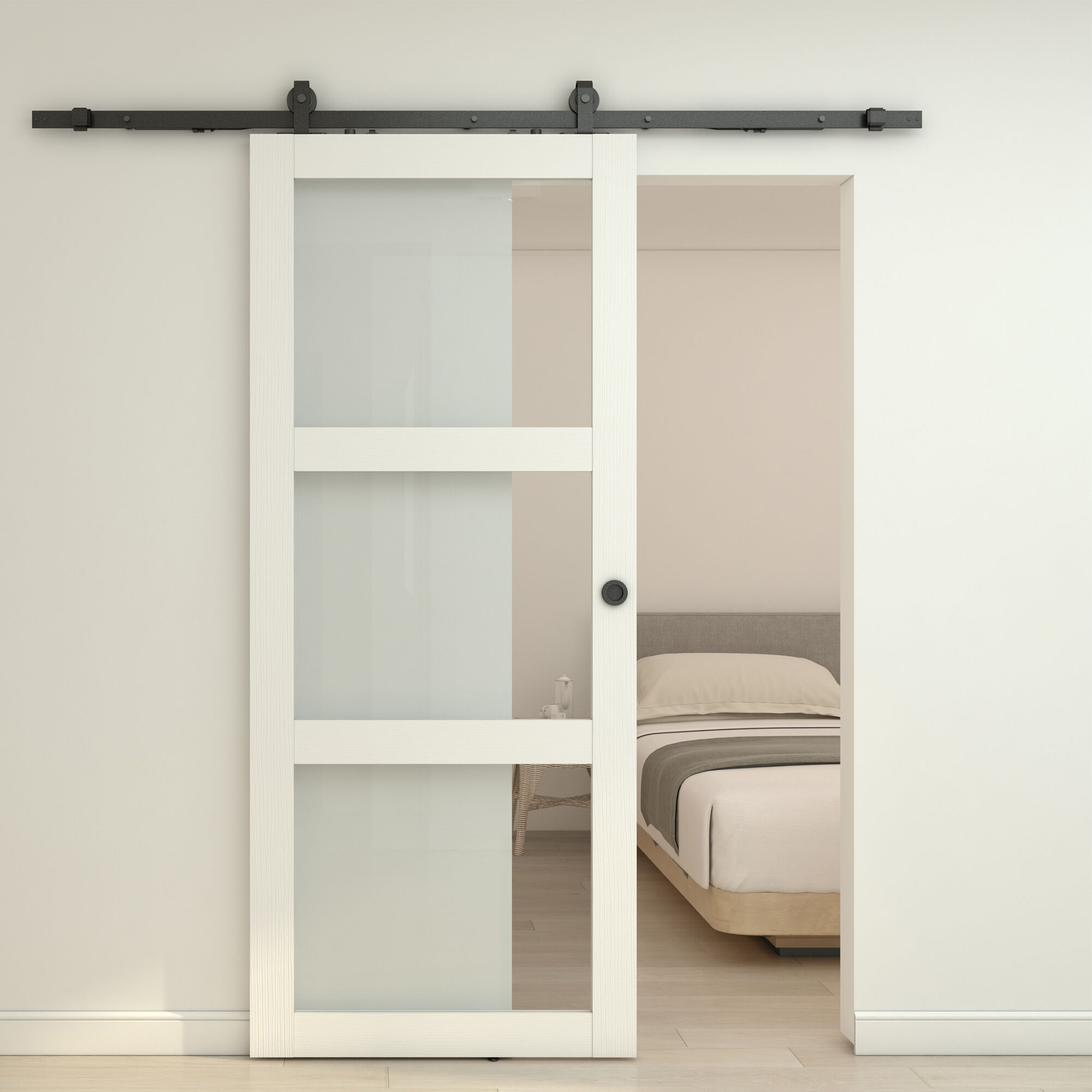 Holzschiebetür Komplettset 1025x2150 Weiß Landhausstil Mit Glaseinsatz Und Schwarzem Beschlag Inkl. Softclose