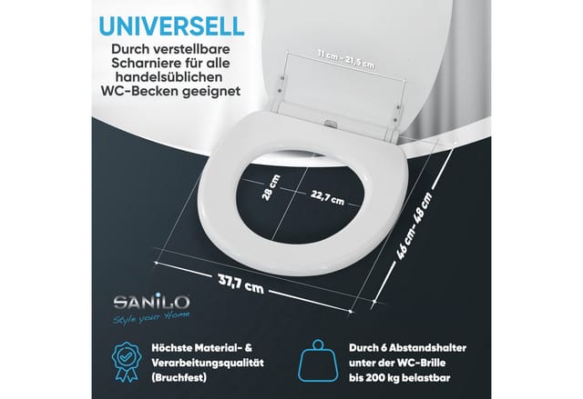 Sanilo WC Sitz mit Absenkautomatik Glitzer Weiß, Hochwertiger und Stabiler Toilettendeckel aus Holz