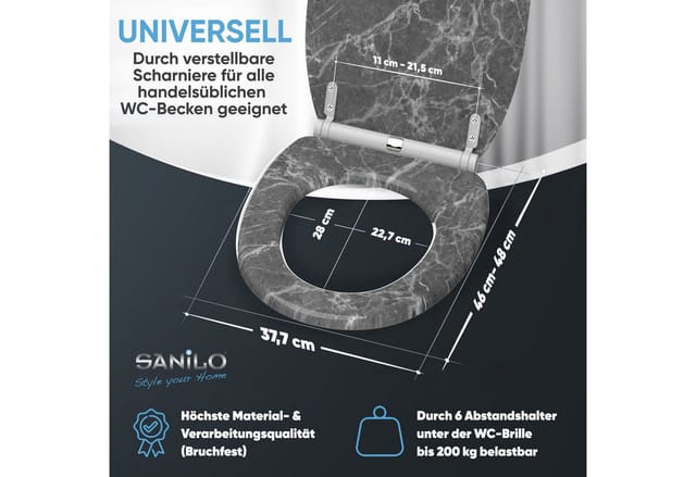 SANILO WC Sitz mit Absenkautomatik Top Fix Marmor Grau