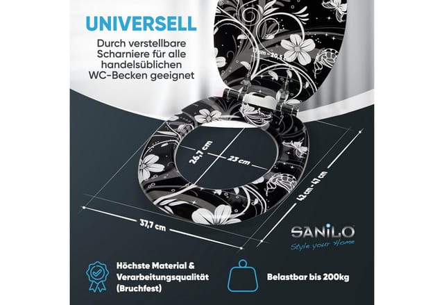 Sanilo WC Sitz mit Absenkautomatik White Flower, Hochwertiger und Stabiler Toilettendeckel aus Holz