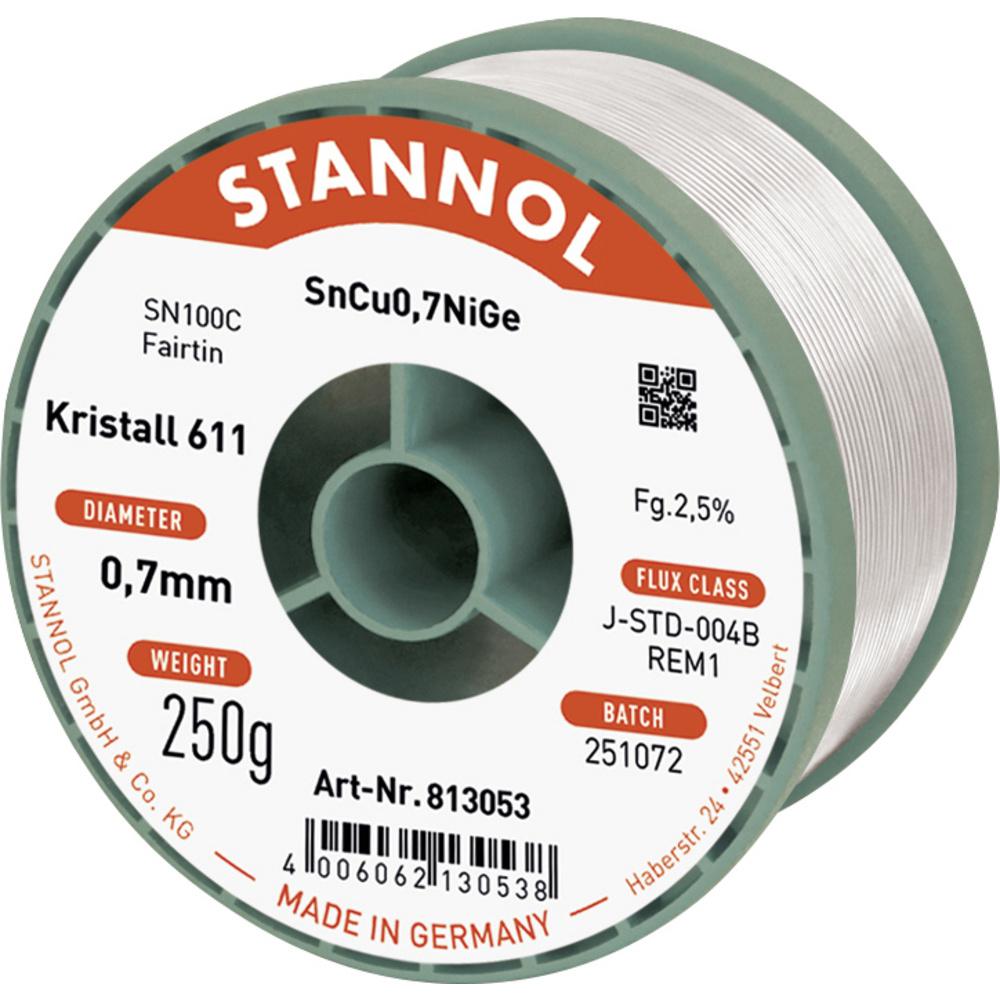 Stannol Lötdraht Kristall 611 Lötzinn, Bleifrei Bleifrei, Spule Rem1 250 G 0.7 Mm