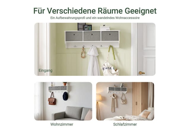 SoBuy Wandgarderobe mit 3 Körben und 5 Haken MDF Vlies Weiß FRG282-W