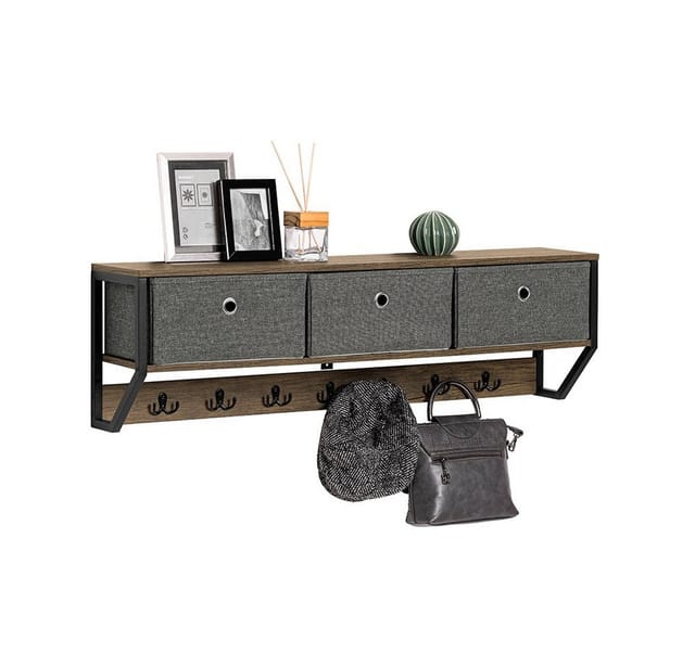 SoBuy Wandgarderobe mit 3 Körben und 7 Haken MDF Metall Vintagebraun FHK26-N
