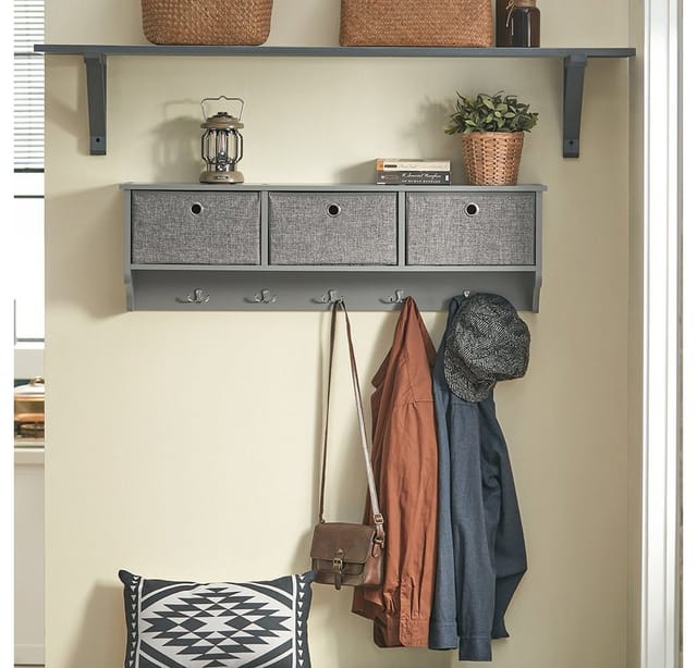 SoBuy Wandgarderobe mit 3 Körben und 5 Haken MDF Vlies Grau FRG282-HG