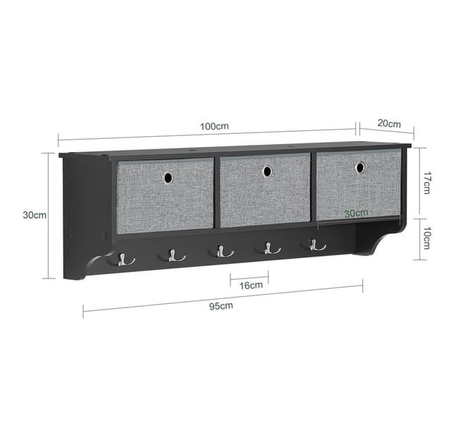 SoBuy Wandgarderobe mit 3 Körben und 5 Haken Holz Schwarz FRG282-SCH