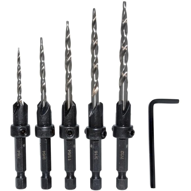 Set Mit 5 3-in-1-sechskant-kegelbohrern Zum Bohren Von Schraubenlöchern Mit 7/64, 9/64, 11/64, 3/16 Und 7/32 Zoll Durchmesser, Inklusive Schnellspann-tiefenanschlag Und 1 Inbusschlüssel