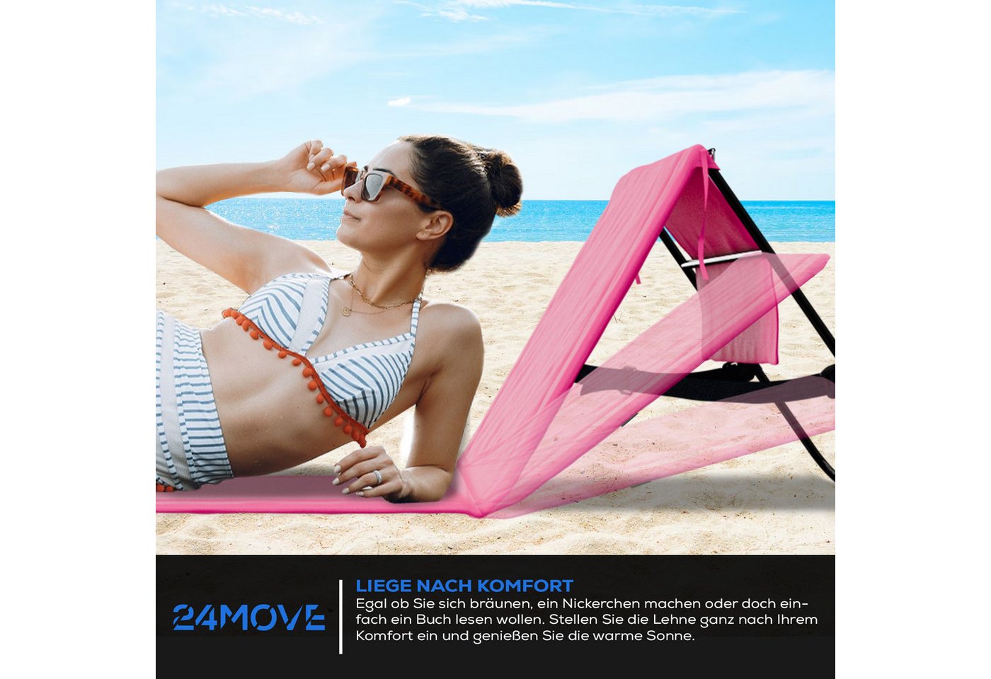 24MOVE Strandmatte Klappbar Mit Rückenlehne&Tasche - Mit Gurt - Liegematte Rosa Bild 2
