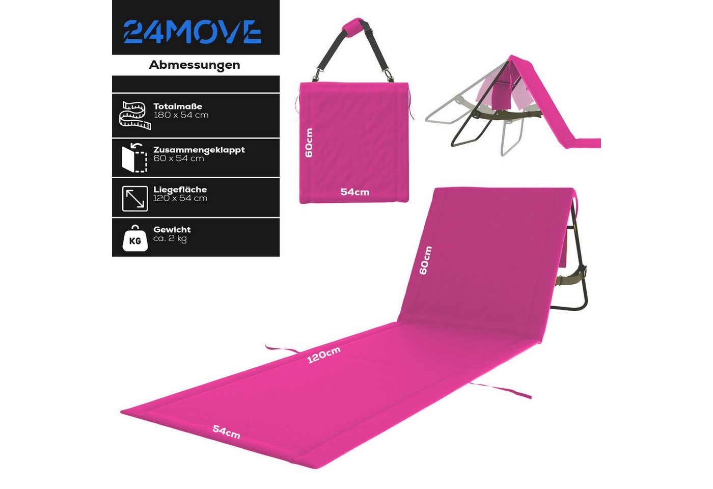 24MOVE Strandmatte Klappbar Mit Rückenlehne&Tasche - Mit Gurt - Liegematte Rosa Bild 3