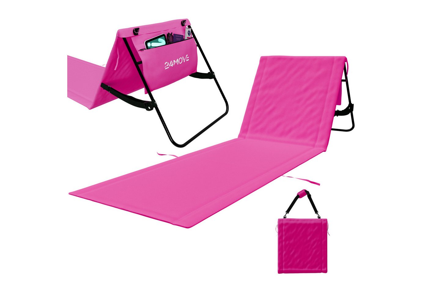 24MOVE Strandmatte Klappbar Mit Rückenlehne&Tasche - Mit Gurt - Liegematte Rosa Bild 4