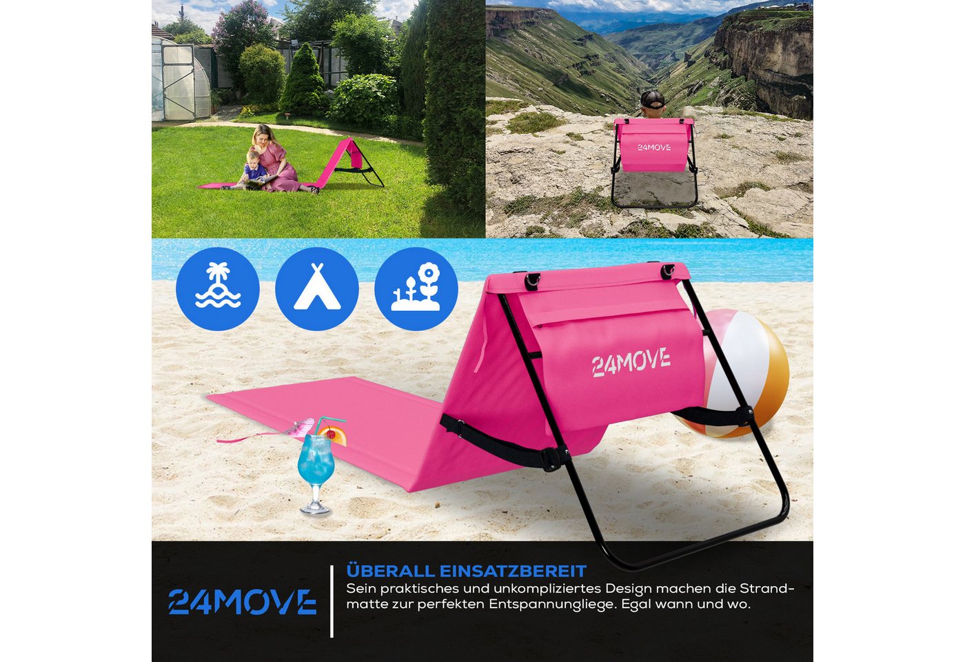 24MOVE Strandmatte Klappbar Mit Rückenlehne&Tasche - Mit Gurt - Liegematte Rosa Bild 5