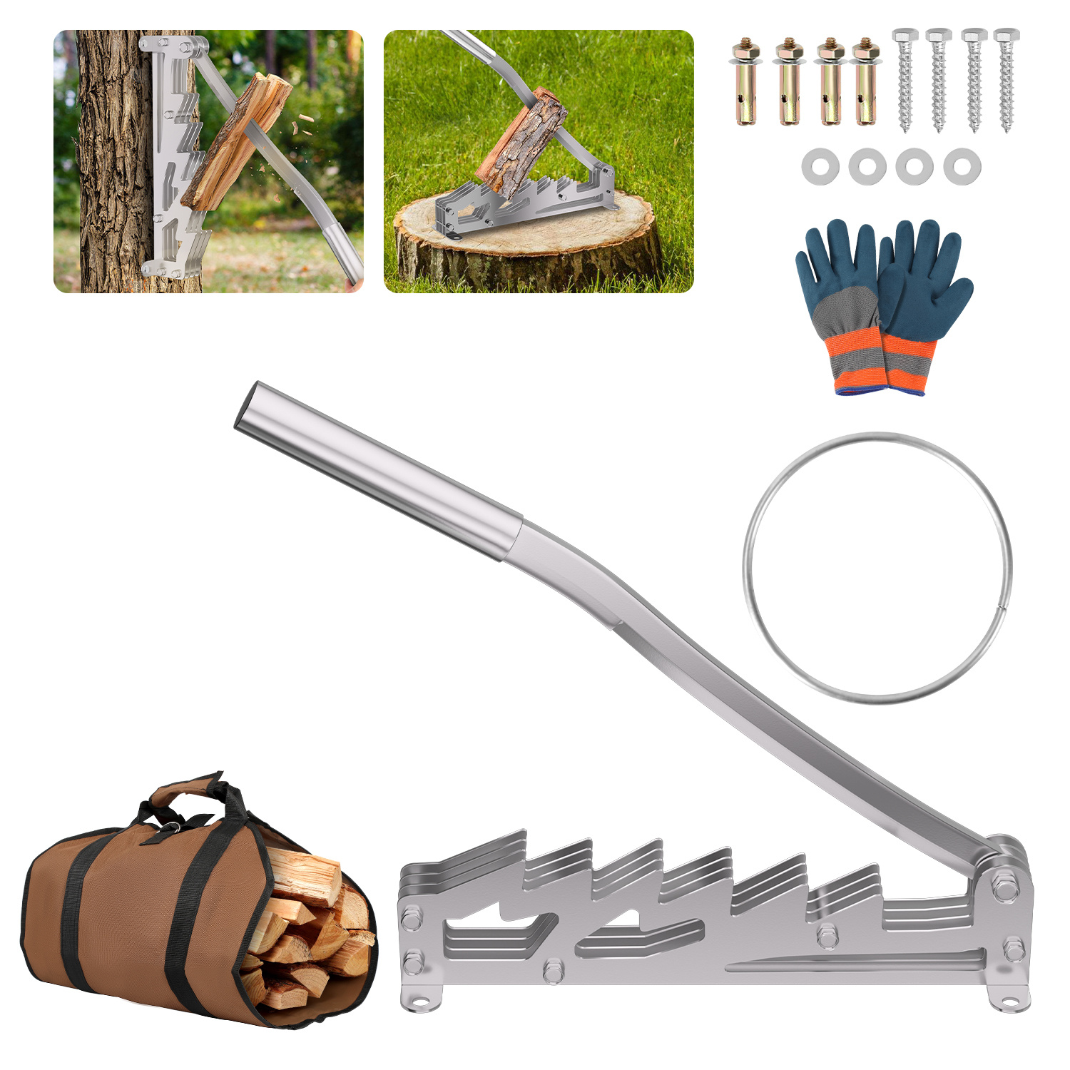 Tolletour Manueller Holzspalter Für Kaminholz Mit Festem Griff Und Zubehör, Wandmontage, Silber