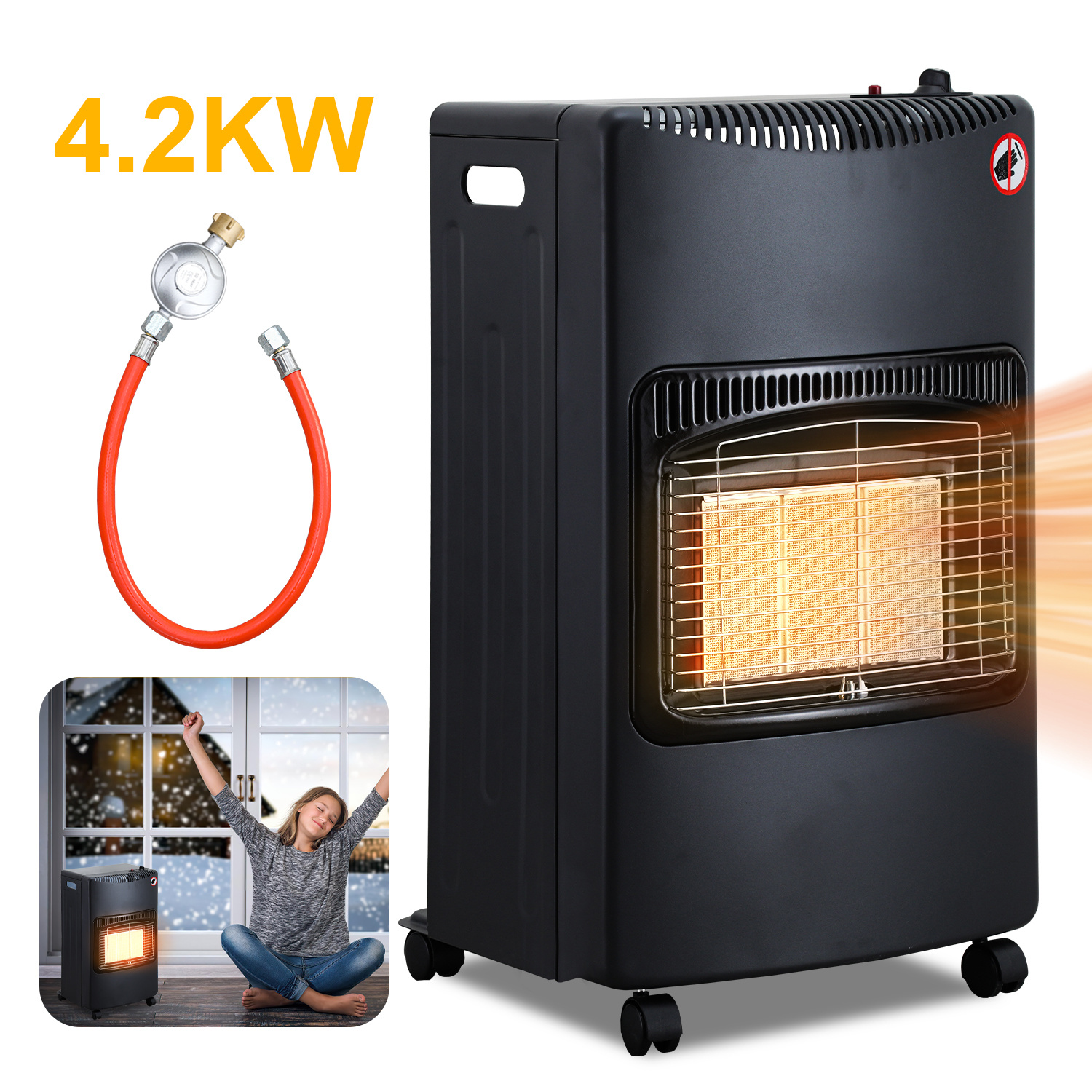 Tolletour Gasheizer 4200w Keramik, 3 Heizstufen, Ods & Kippschutz, Inkl. Druckregler Und Schlauch, 5 Rollen, Inkl. 2 Eu-adaptern