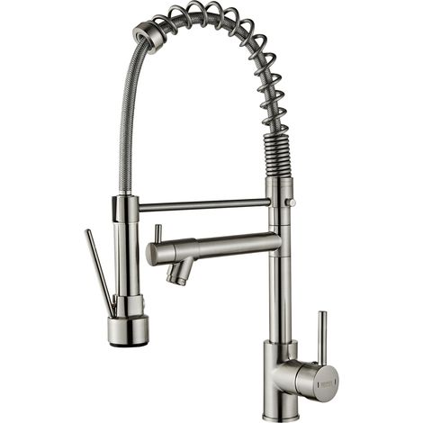 Küchenarmatur, Spültischarmatur Mit Ausziehbarer Brause, 2 Funktionen, 360° Schwenkbarer Auslauf, Gebürstetes Silber