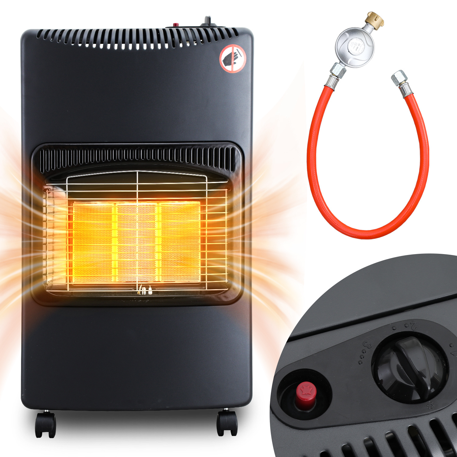 Wolketon Gasofen Keramik 4200 Watt Mit 3 Stufen, Sauerstoffmangelsicherung, Gasschlauch & Regler, 5 Rollen