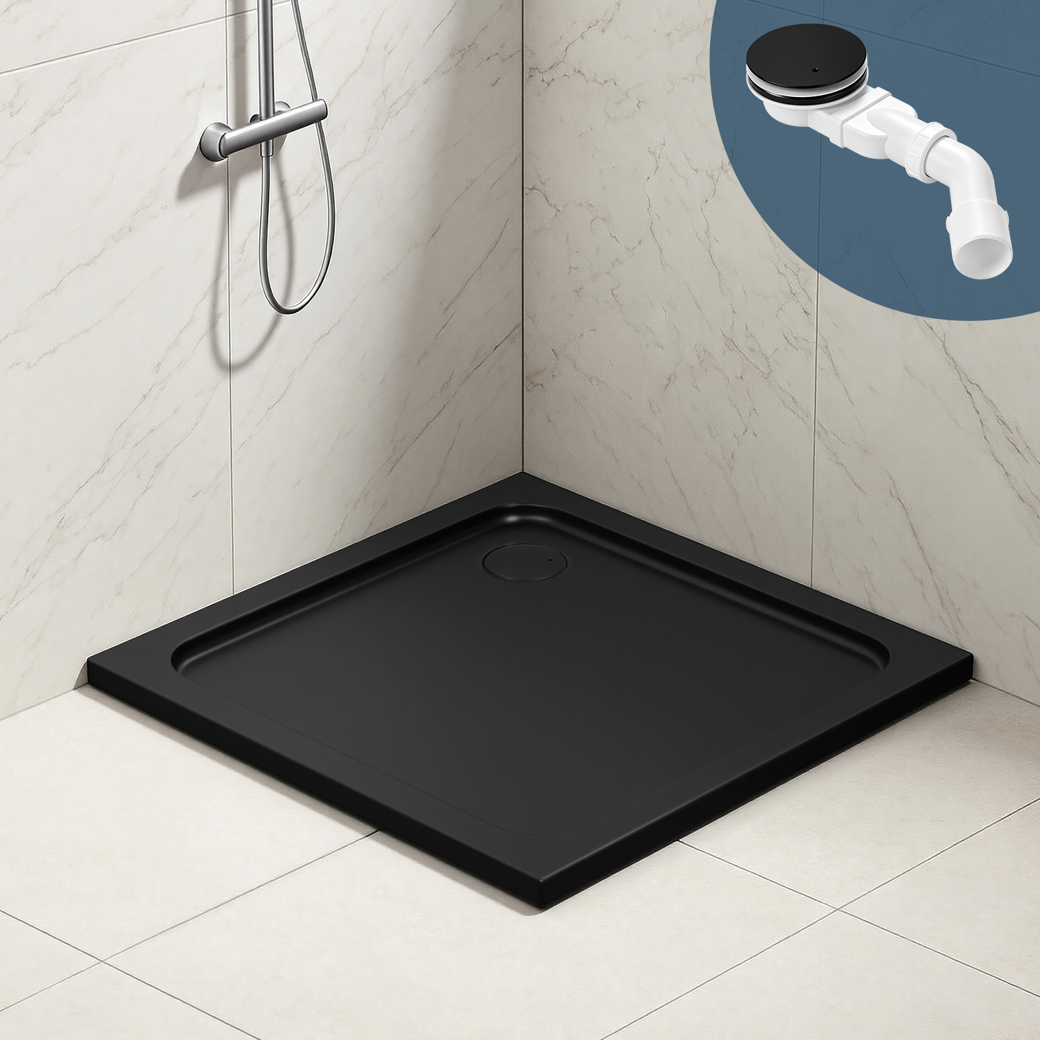 Wolketon Flache Acryl Duschtasse 90x90 Cm Schwarz Mit Chrom Ablauf Und Haarfilter