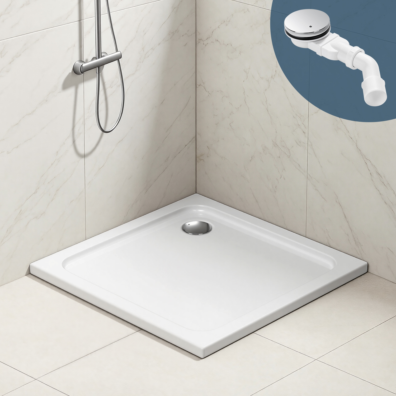 Wolketon Acryl Duschtasse 90x90 Cm Weiß, 4 Cm Flach, Chrom Ablauf Mit Haarfilter