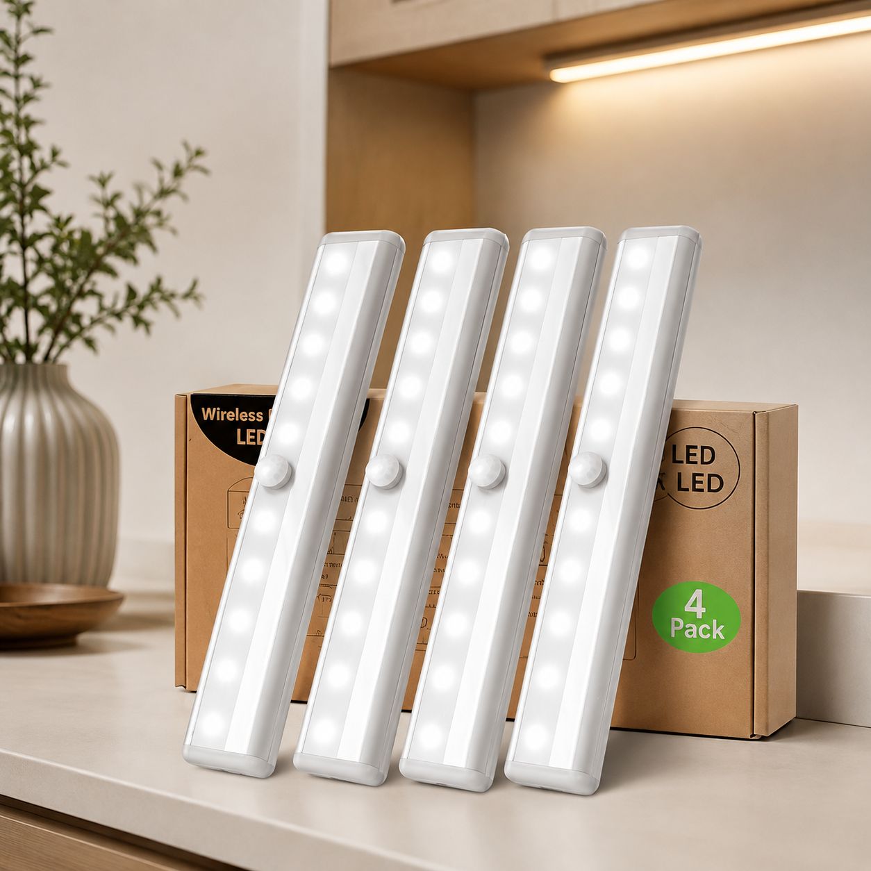 Fliti – Kabellose Led-bewegungsmelderleuchte – 4 Magnetische Klebeleuchten – Automatische Beleuchtung Für Schränke Und Treppen – 19 Cm Aluminium