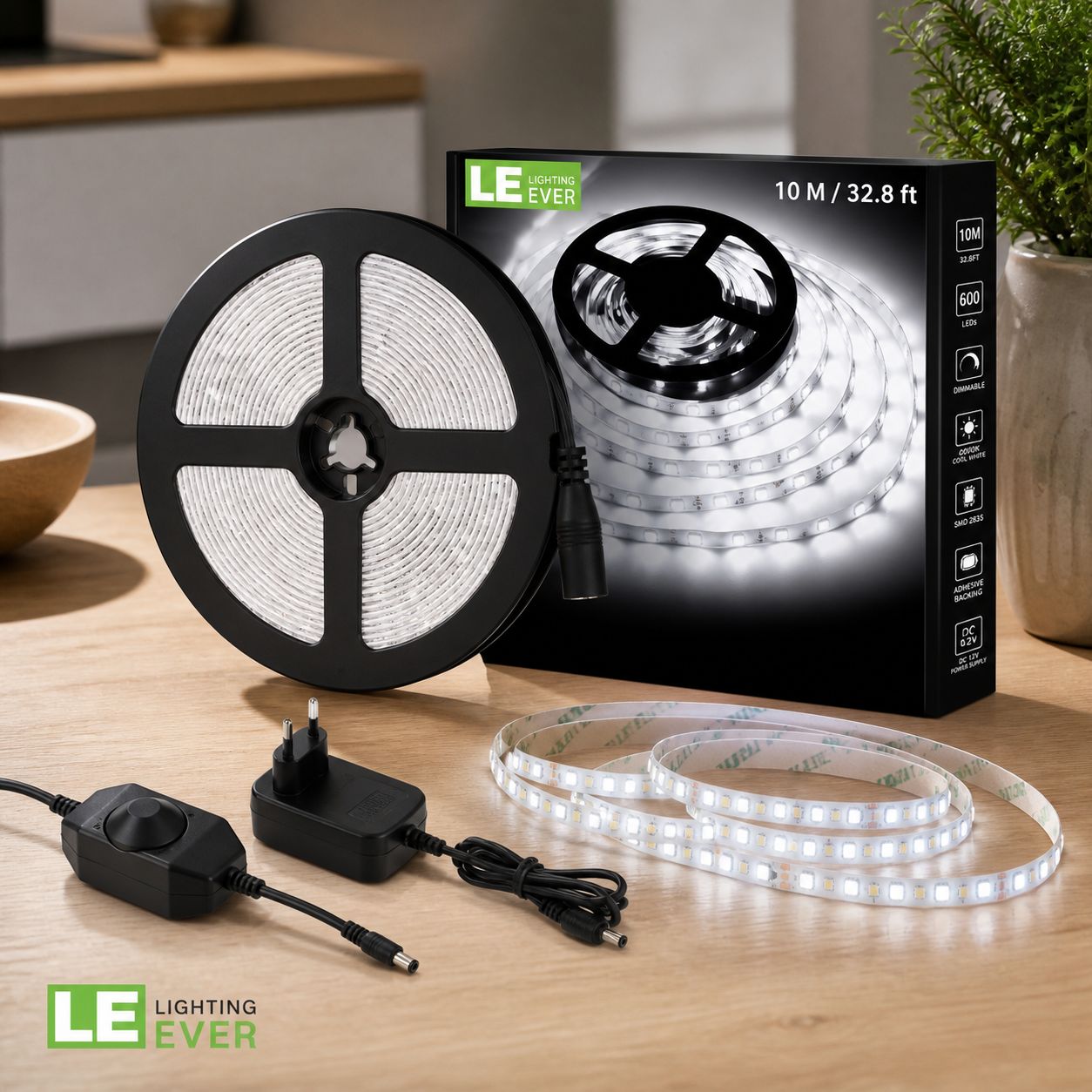 Fliti 10m Led-streifen Mit 600 Smd 2835 Leds, Kaltweiß 6000k, Mit Dimmer Und Transformator Für Den Innenbereich
