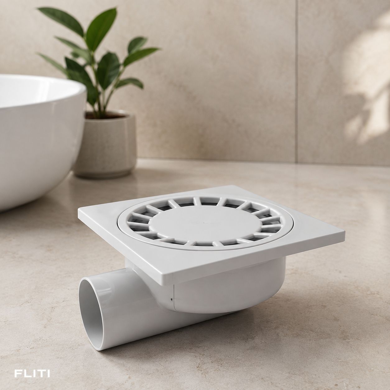 Fliti Quadratischer Bodenablauf 200x200mm, Weißes Pvc Mit 75mm Horizontalem Abfluss Für Dusche