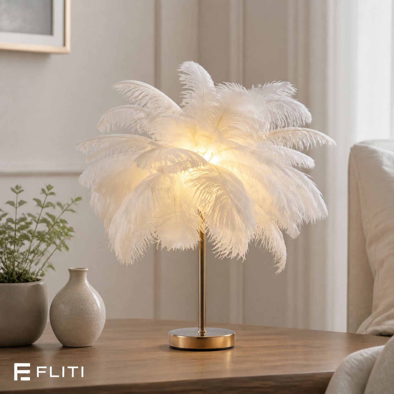 Fliti Tischleuchte Aus Straußenfedern – 40 Cm Schirm – 50 Cm Höhe – 3 W Wiederaufladbare Led – Warmweiß/neutralweiß/weißes Licht – Berührungsschalter
