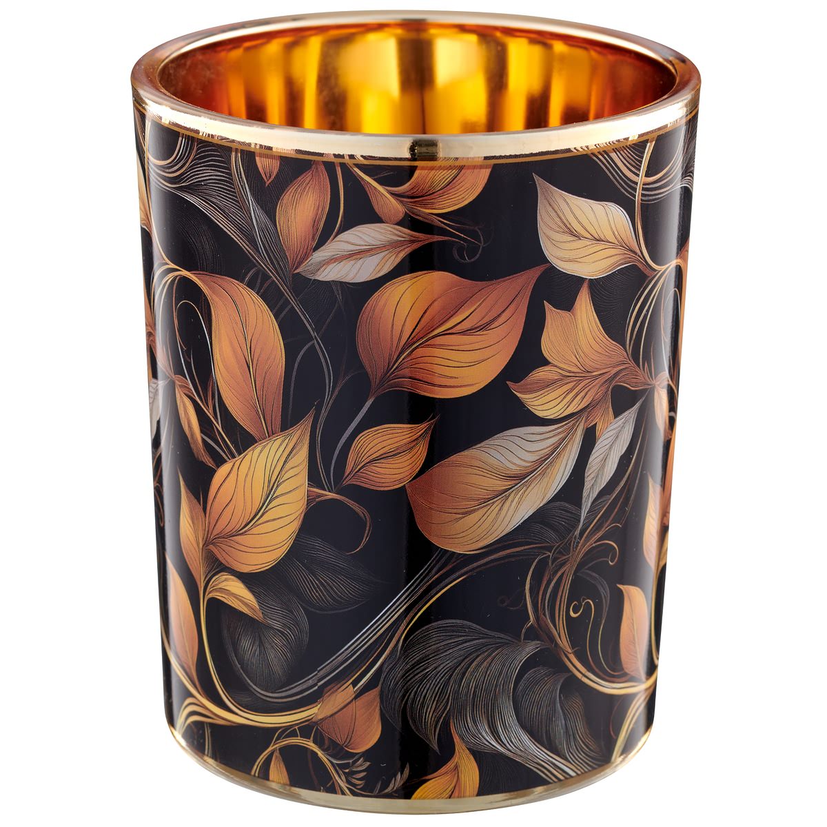 Gasper Lepuro Instyle Windlicht Orange & Schwarz Mit Floralem Muster Ø 10 Cm - Glas