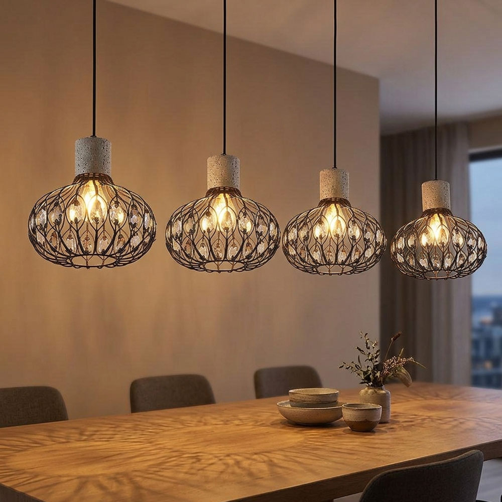 Led Pendelleuchte Hängelampe Esszimmerlampe 4-flammig Schwarz Kristalle H 150 Cm