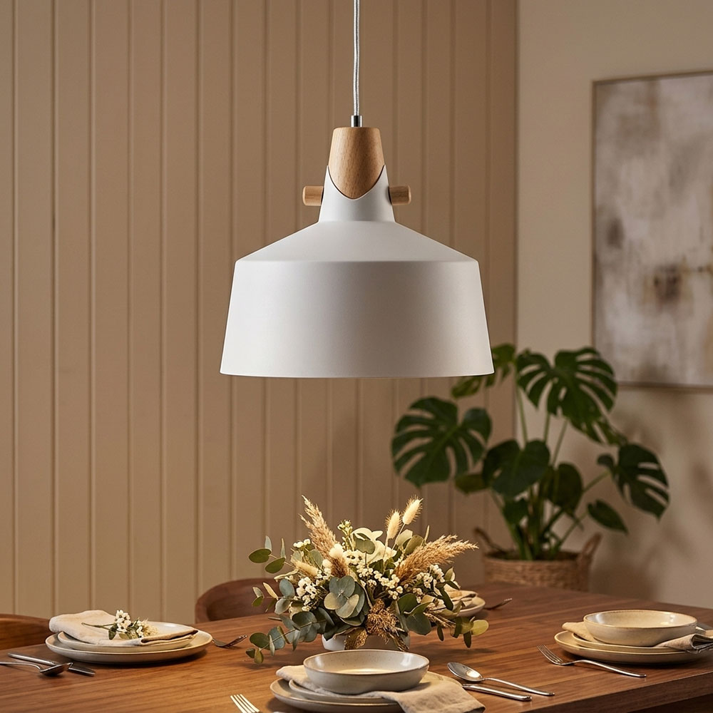 Led Hängeleuchte Pendelleuchte Schlafzimmerlampe Metall Weiß Holzoptik H 150 Cm