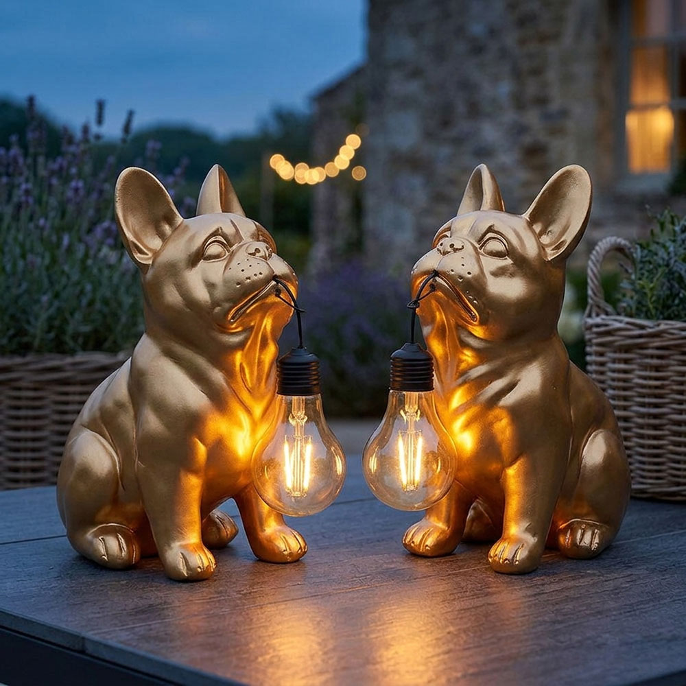 2x Led Solarleuchte Außenbereich Gartenleuchte Goldfarben Bulldogge H 23,5 Cm
