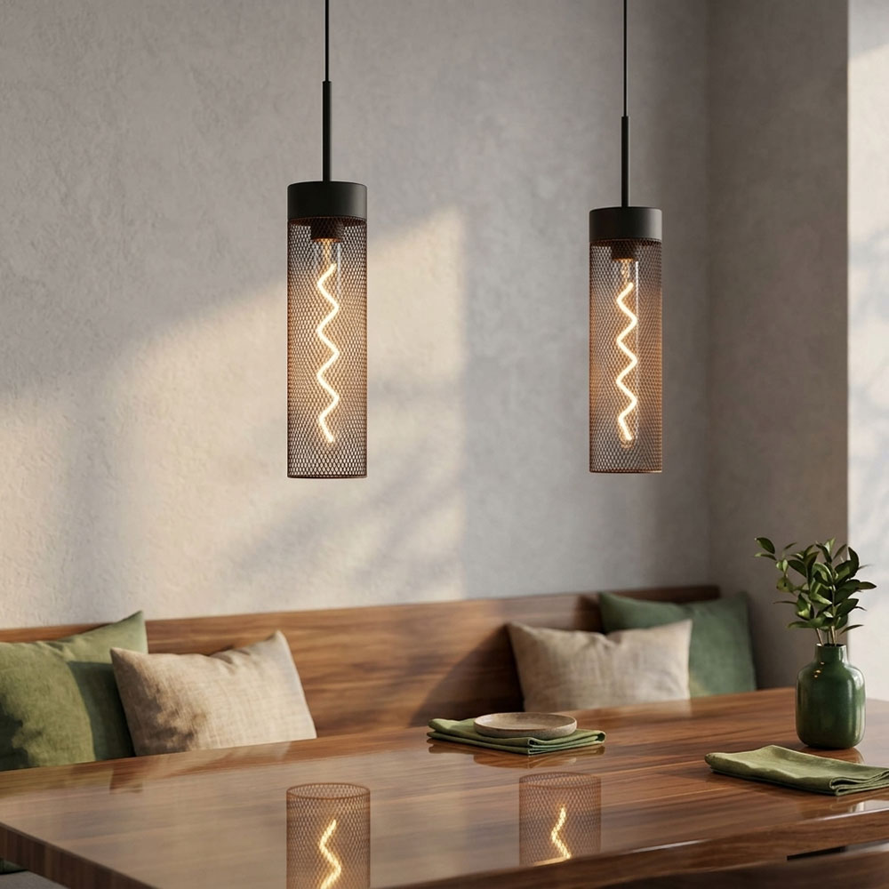 2x Pendelleuchte Hängelampe Esszimmerlampe Schwarz Metallgeflecht H 120 Cm