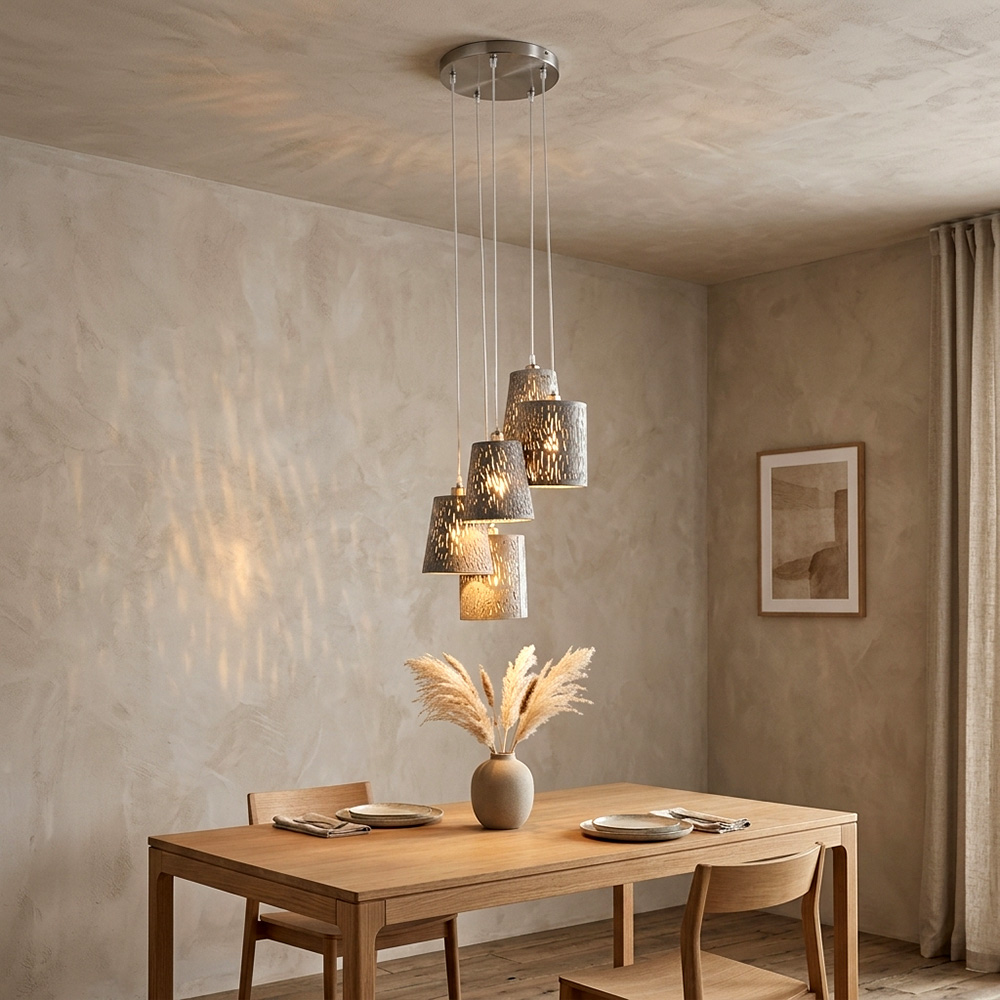 Led Pendelleuchte Hängelampe Wohnzimmerleuchte 5-flammig Silber Metall H 140 Cm