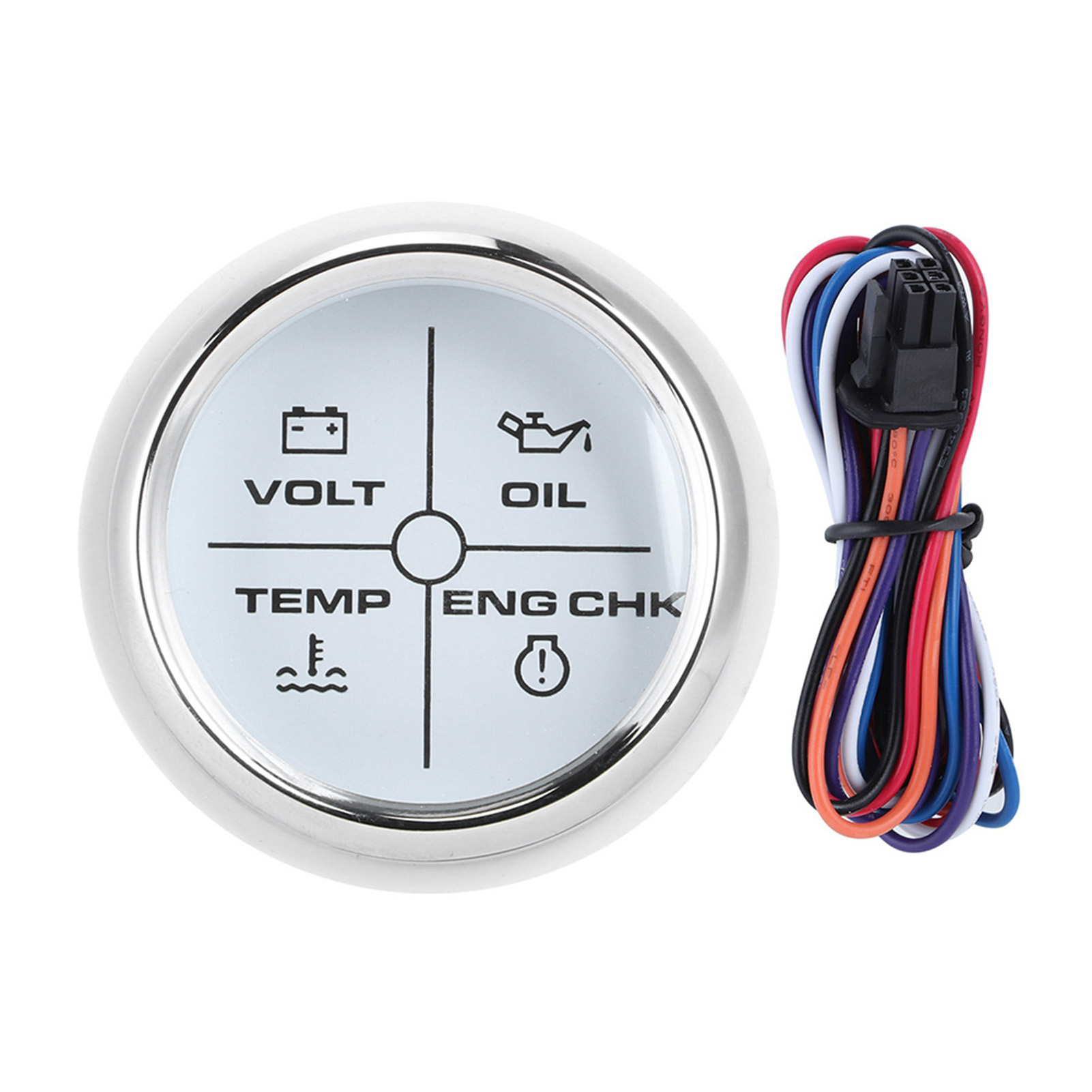 52 Mm (2 Zoll) Multifunktions-anzeige Mit 4 Leds: Alarm, Volt, Temperatur, Wasserdruck, Öldruckanzeige (12/24 V), Marine/boot, Weißes Zifferblatt, Silberne Abdeckung