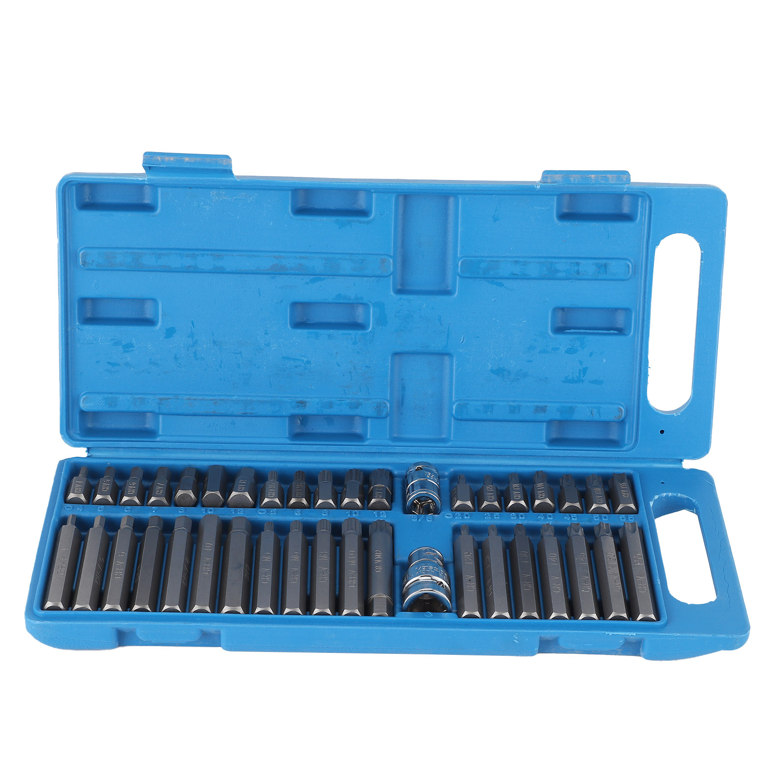 Set Mit 40 Torx-sternbits 1/2" Und 3/8" Vierkant, Mit Blauem Werkzeugkasten, Für Autoreparaturen.