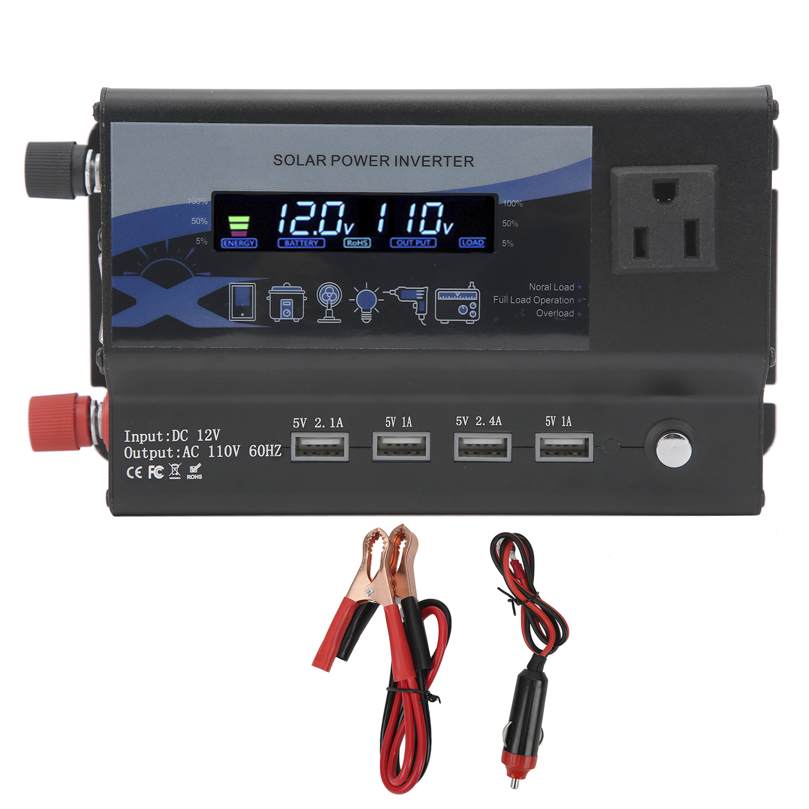 3000-w-autoladegerät Mit Mehrfarbiger Led-umgebungsbeleuchtung, 12-v-auf-110-v-spannungswandler, Us-stecker, 4 Usb-anschlüssen Und Kfz-adapter