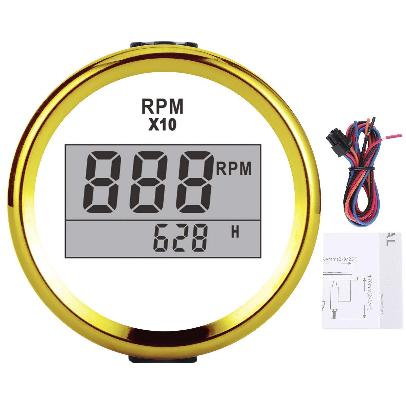 Drehzahlmesser 0–9990 U/min, Ip67 Wasserdicht, Rote Hintergrundbeleuchtung, 52-mm-lcd-bildschirm, 9–32 V, Weißes Zifferblatt, Goldene Abdeckung