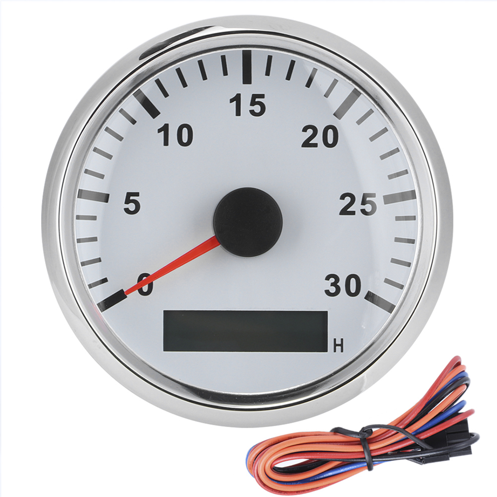 85-mm-bootsgeschwindigkeitsmesser/drehzahlmesser (ip67), 12 V/24 V, Rotes Lcd-display Mit Betriebsstundenzähler, Weißes Zifferblatt, Silberner Rahmen, 3000 U/min